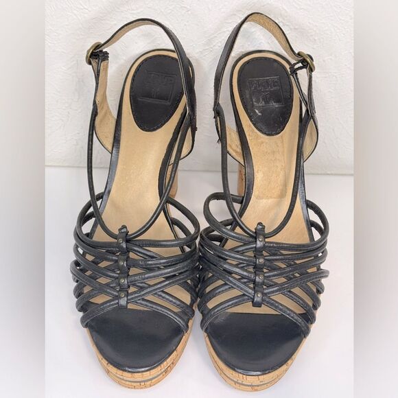 Frye Lena Black Woven Leather Slingback Platform Cork Heel Sandals 10 - Picture 1 of 8